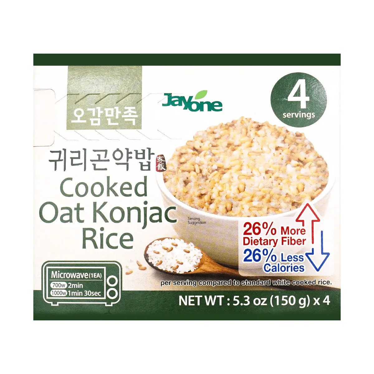 JAYONE Korean Oat Konjac Rice - Instant Low-Calorie Meal (150g x 4 Packs) | High Fiber, Low Carb, Satisfying Main Dish