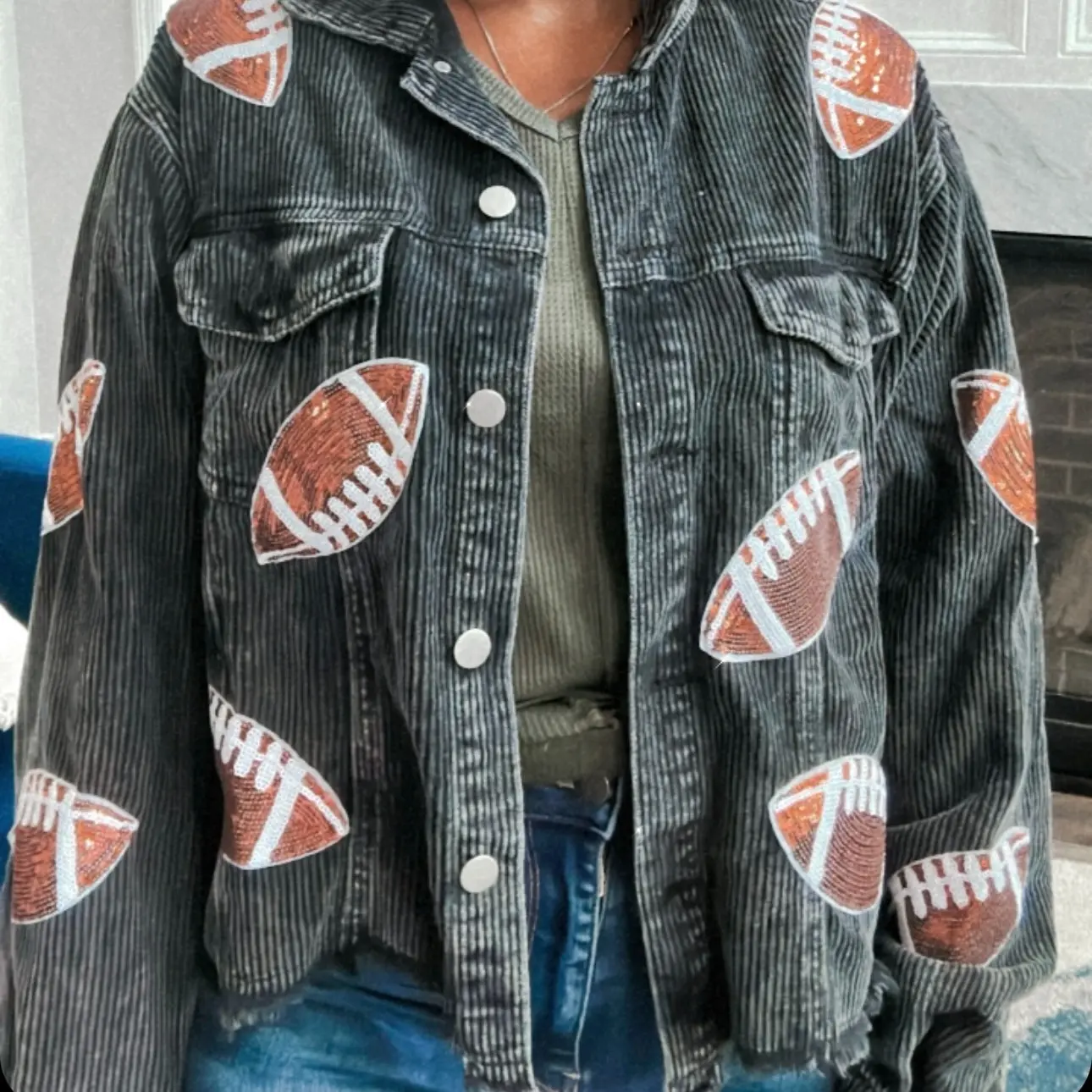 Sequin Football Patch Jacket Distressed. Fit Womenswear