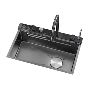 Black Nano 304 Stainless Steel Kitchen Single Sink with Piano Keys Control, Side Fast Drainage, High Pressure Cup Washer, 3 Modes Pull Out Rainfall Faucet, Multifunctional Farmhouse Washing Basin