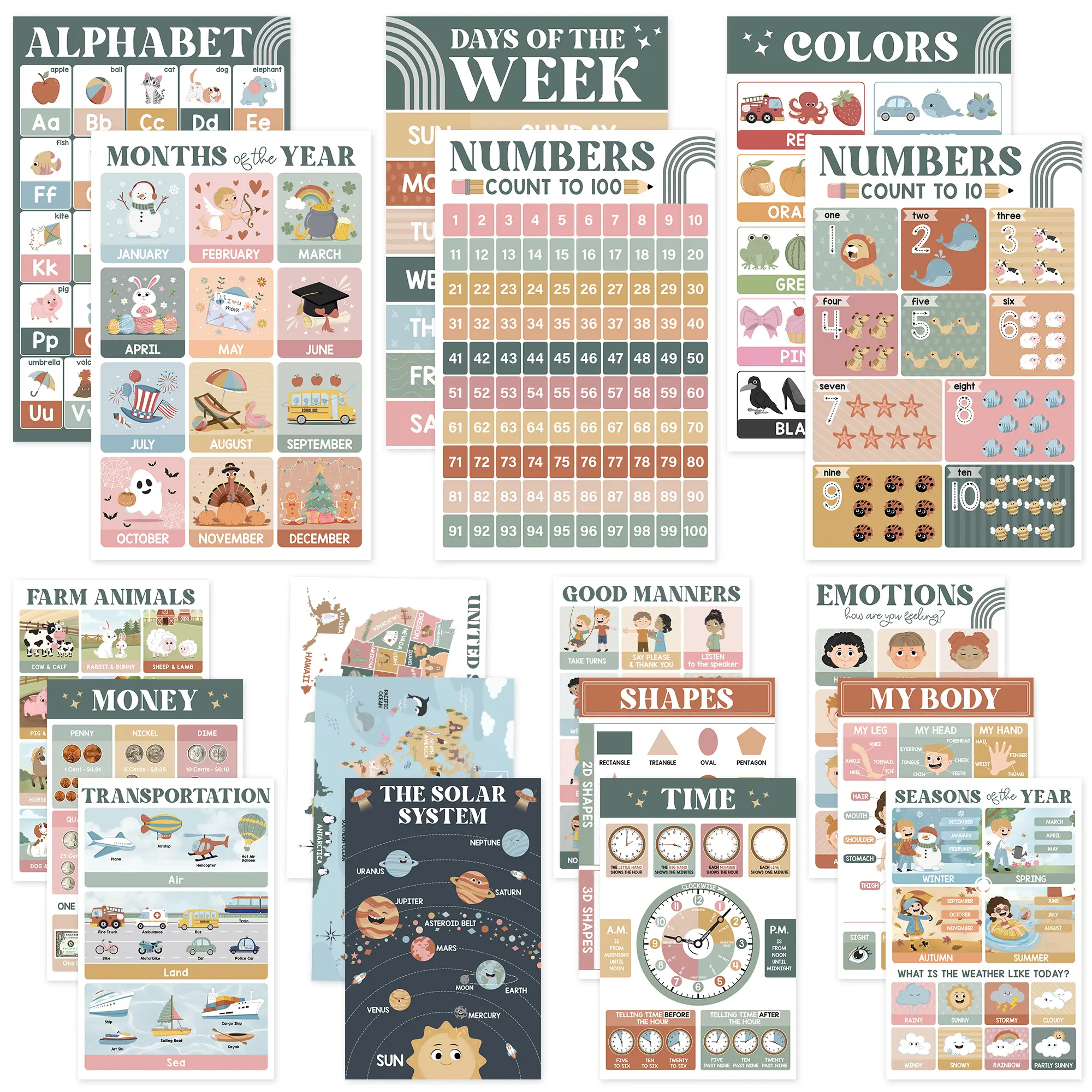 18-Piece Colorful Educational Posters, Learning Aid for Preschool Kids, Teaching Supplies, Wall Decor, Homeschool & Classroom Back-to-School Stationery, Colorful Set