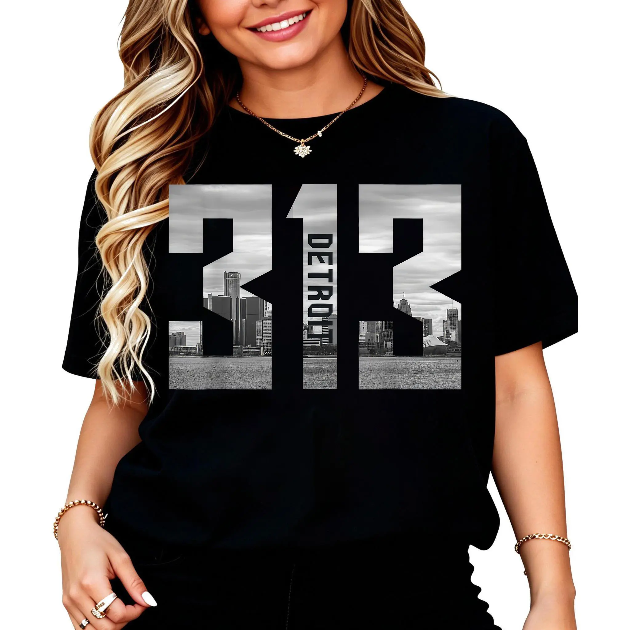 100% Cotton Detroit Skyline Number Print T-Shirt Women Men Outdoor Casual Short Sleeve Comfortable And Versatile