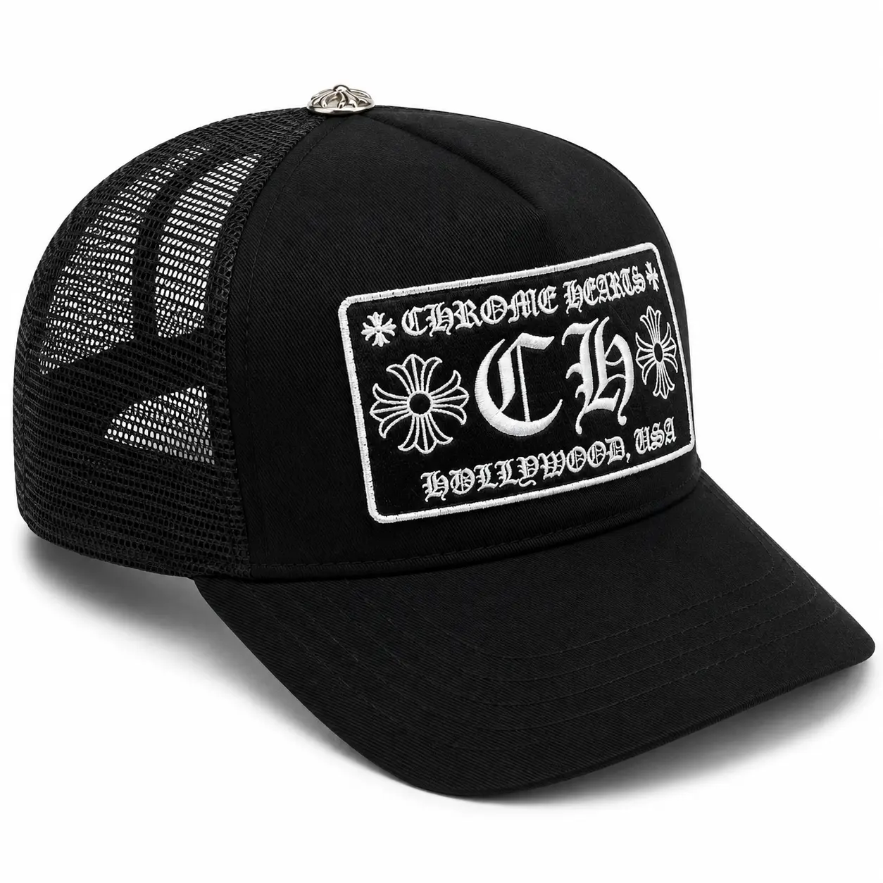 Black Chrome Hearts CH Trucker Hat - White & Black Mesh Design with Bold Logo Patch - Perfect for Streetwear Enthusiasts NEW