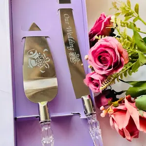 wedding cake Serving Set, Cake Cutter and Pie Spatula, Cake Server and Knife Set of 2 with Crystal Handles, 1.2mm Thick Blades, Cutting Set, and Parties (Crystal Silver) Birthday