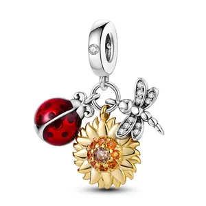 MULA 925 Silver-plated sunflower ladybug dragonfly pendant | Suitable for Pandora bracelets & necklaces |  Nature-inspired jewelry, meaning beauty and luck