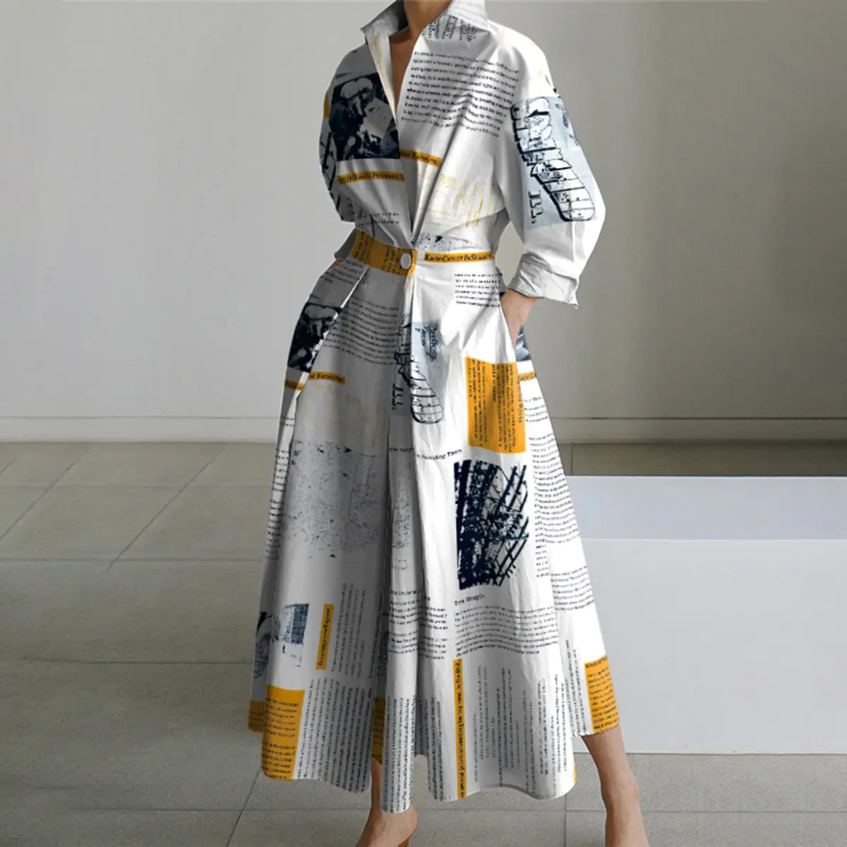 Women's Long Sleeves Loose Newspaper Print Pleated Tied Waist Lapel Midi Dresses Shirt Dress-Printing is not positioning printing