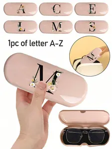 Cream Solid Color & Pink A-Z Daisy Letter-Printed Hard-Shell Eyeglass Case with Letter Pendant | Minimalist Waterproof Dustproof Portable Storage for Sunglasses & Myopia Glasses | Unisex Eyewear Protector for Home Use