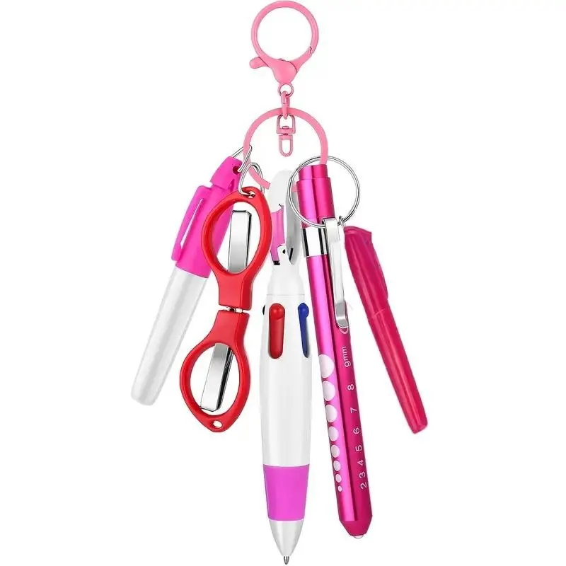 Nurse Pen Set, Pen Kit, 1 or 2 Sets (6 Counts/set) Including Ballpen Set, Retractable Mini Ballpoint Pen, Permanent Marker, Highlighter and Foldable Scissors, Ideal for Work & Hospital, College Student Pen, Student Office, Office Stationery Supplies