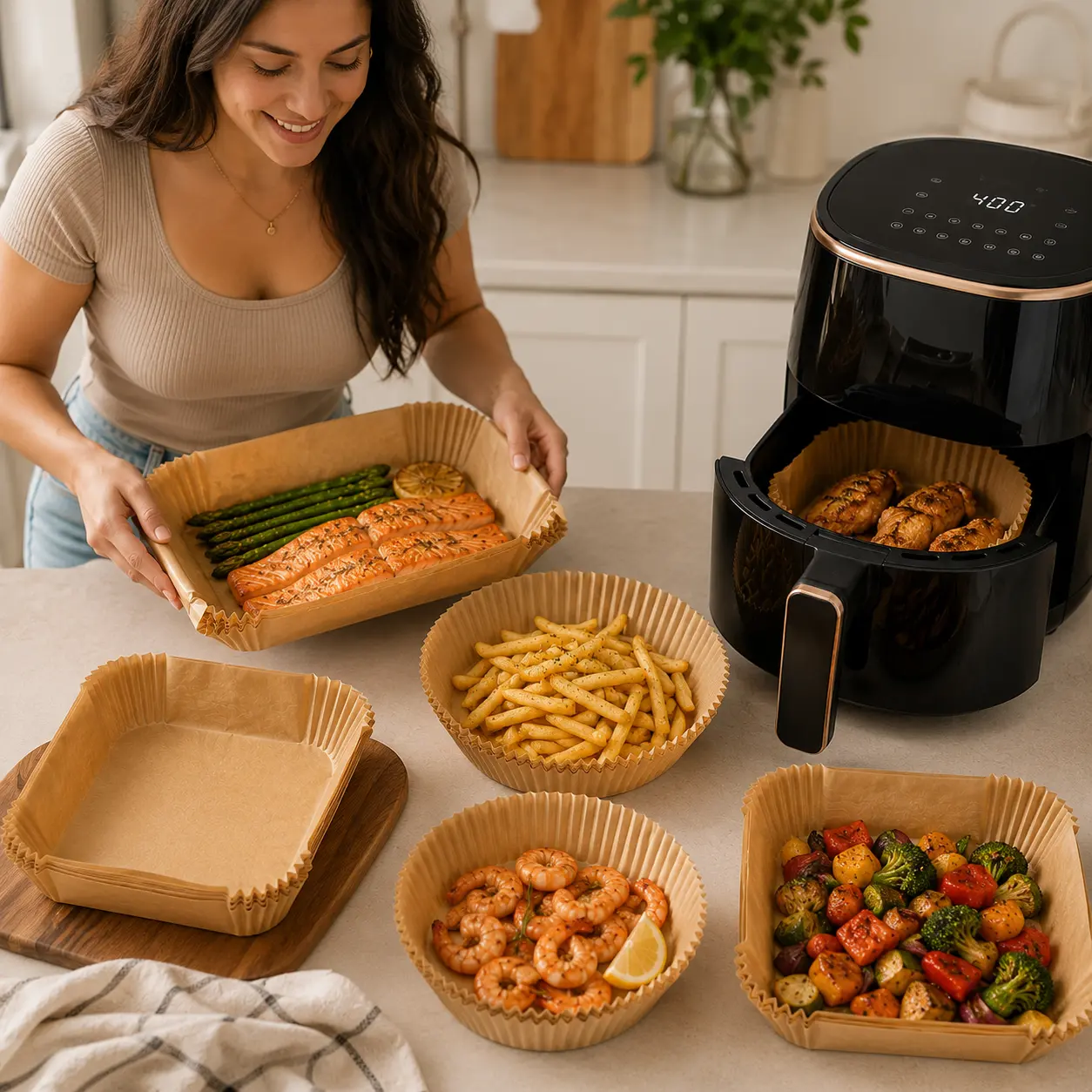 100Pcs Air Fryer Paper Liners, Disposable Nonstick Parchment Liners for Air Fryers, Ovens and Microwaves, Unbleached