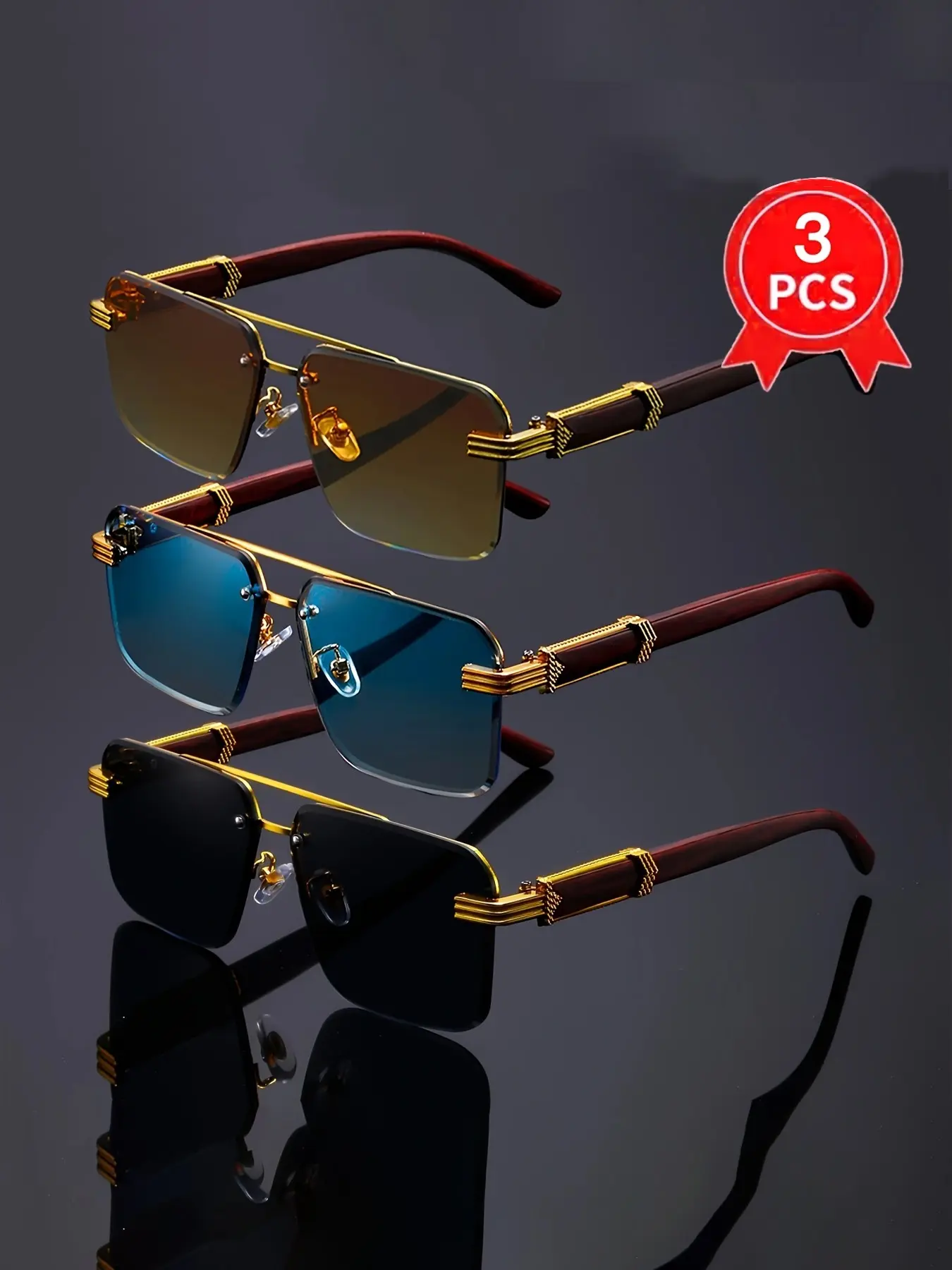 3-Piece Frameless Glasses, Business Retro Style Fashion Eyewear for Men & Women, Suitable for Daily Commute, Shopping and Photo Taking