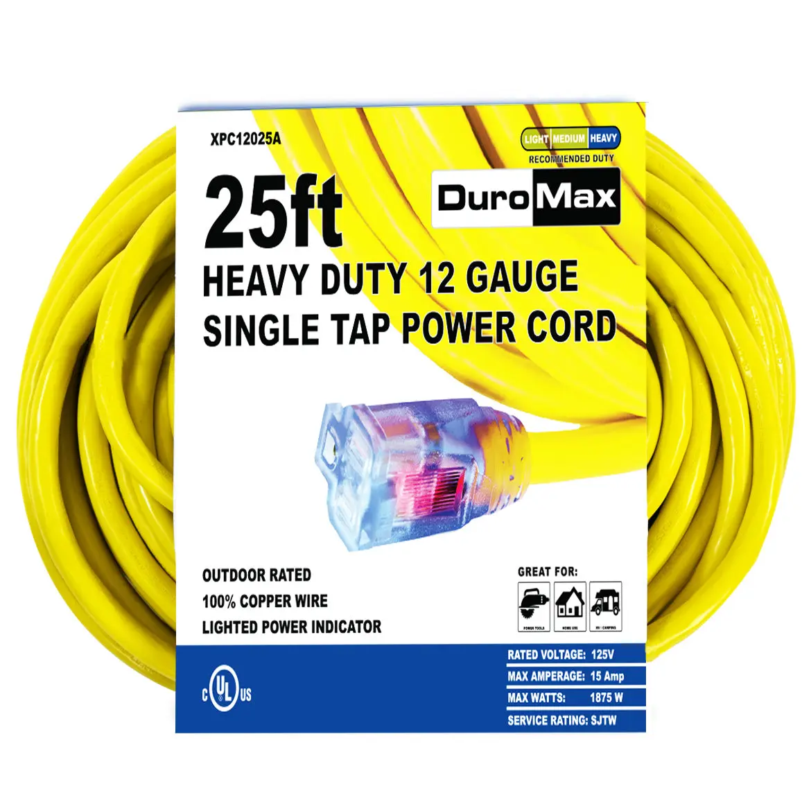 25-Foot 12 Gauge Single Tap Extension Power Cord