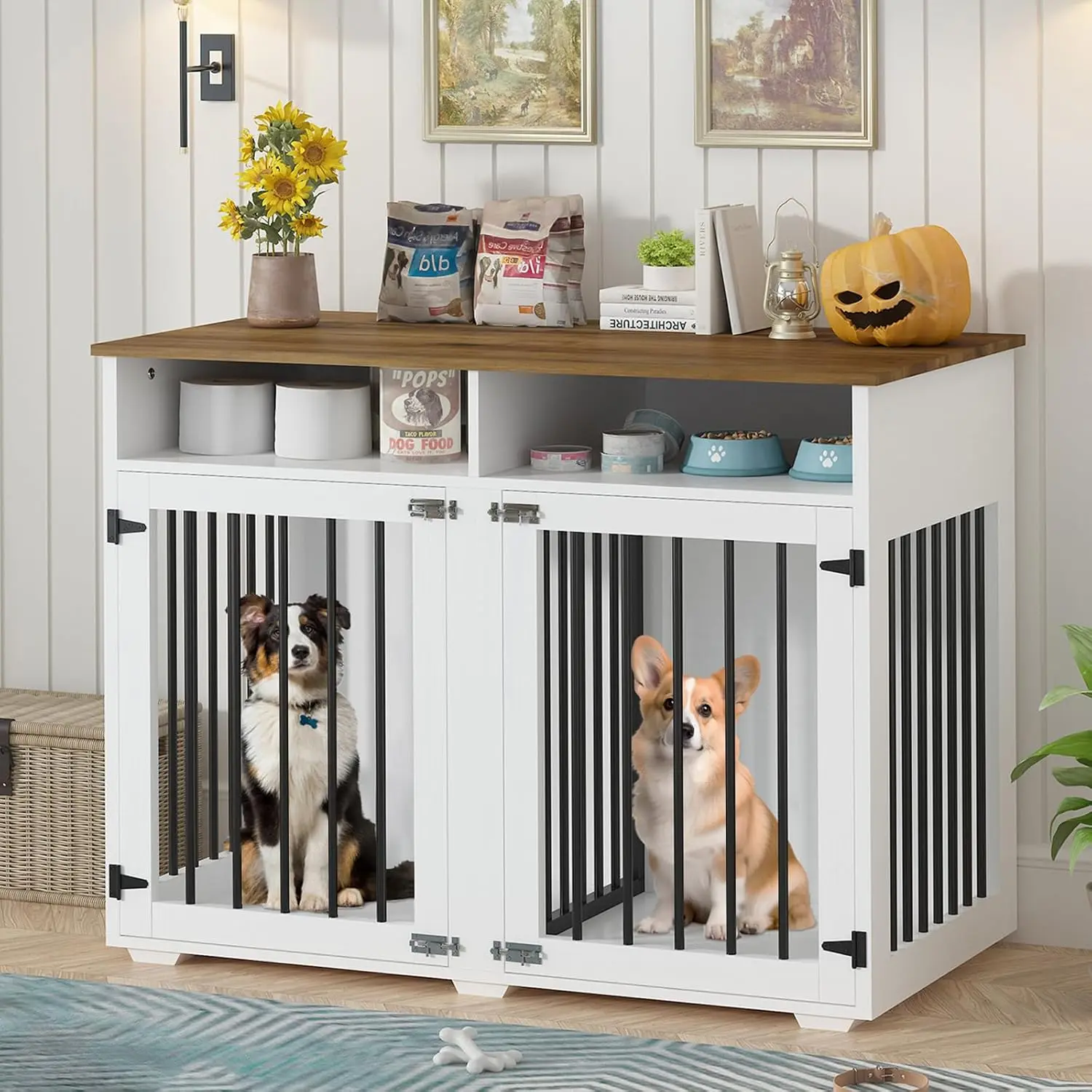 [SummerSale] HOMBCK Dog Crate, 41/55/63/72 inch, with Removable Divider and Shelf Storage, Wooden Indoor Dog Crate for Large/Medium/Small Dogs, Farmhouse #home essentials#back to school