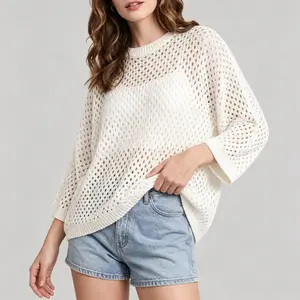 Shewin Women Round Neck 3/4 Sleeve Open Knit Sweater Loose Breathable Beach Cover Up Casual Top DealsForYouDays