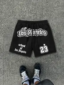 Men's Fashion Street Casual Style Comfortable Breathable Short Five-Quarter Pants, Elastic Drawstring Waist, Cool Geometric Letter Print, Summer Essential
