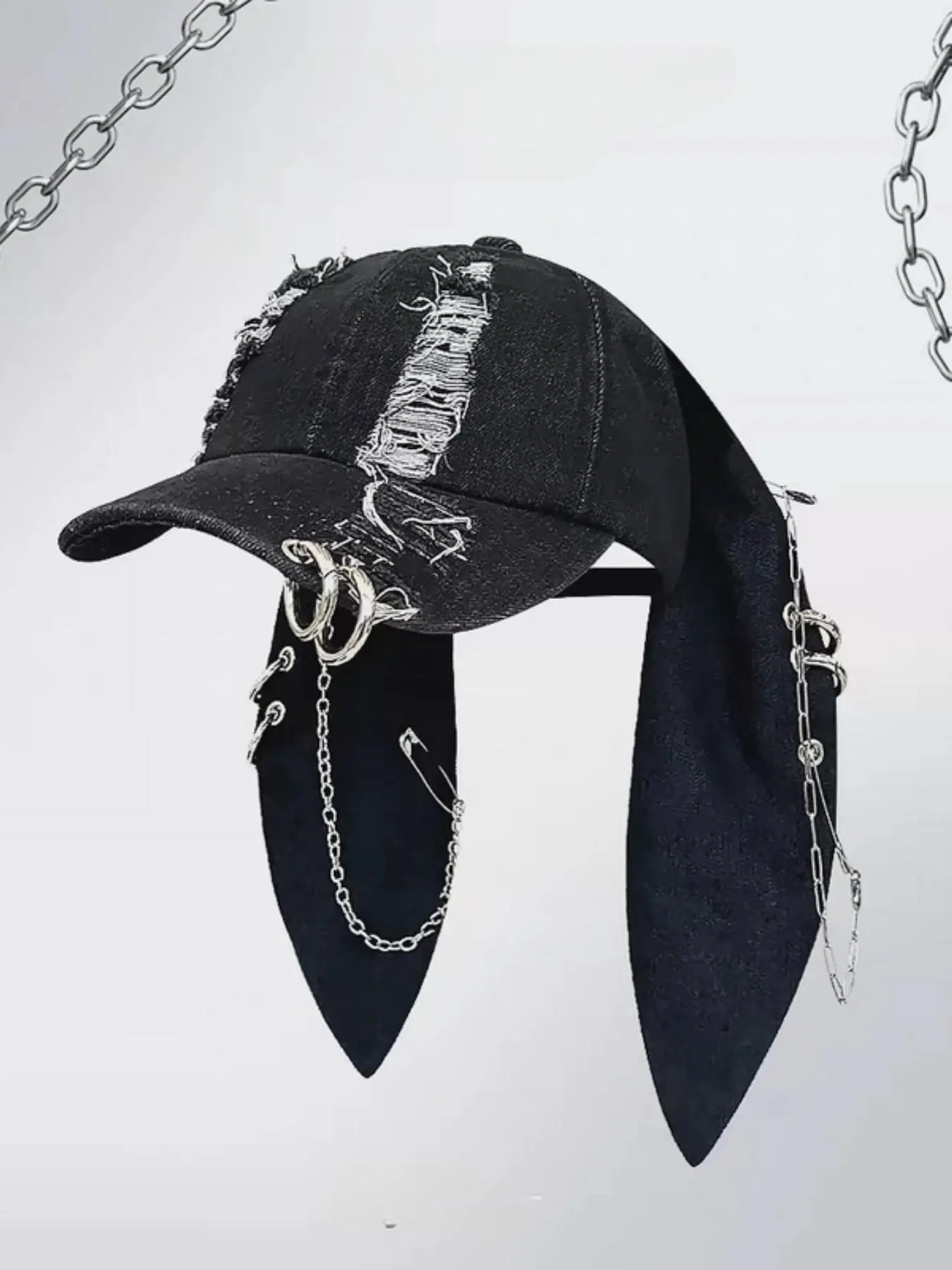 Unisex Wasteland Style Bunny-Ear Snapback Baseball Cap, Adjustable Punk Denim Graphic Hat with Chain, Hip Hop Halloween Party Costume, Premium High Quality Streetwear