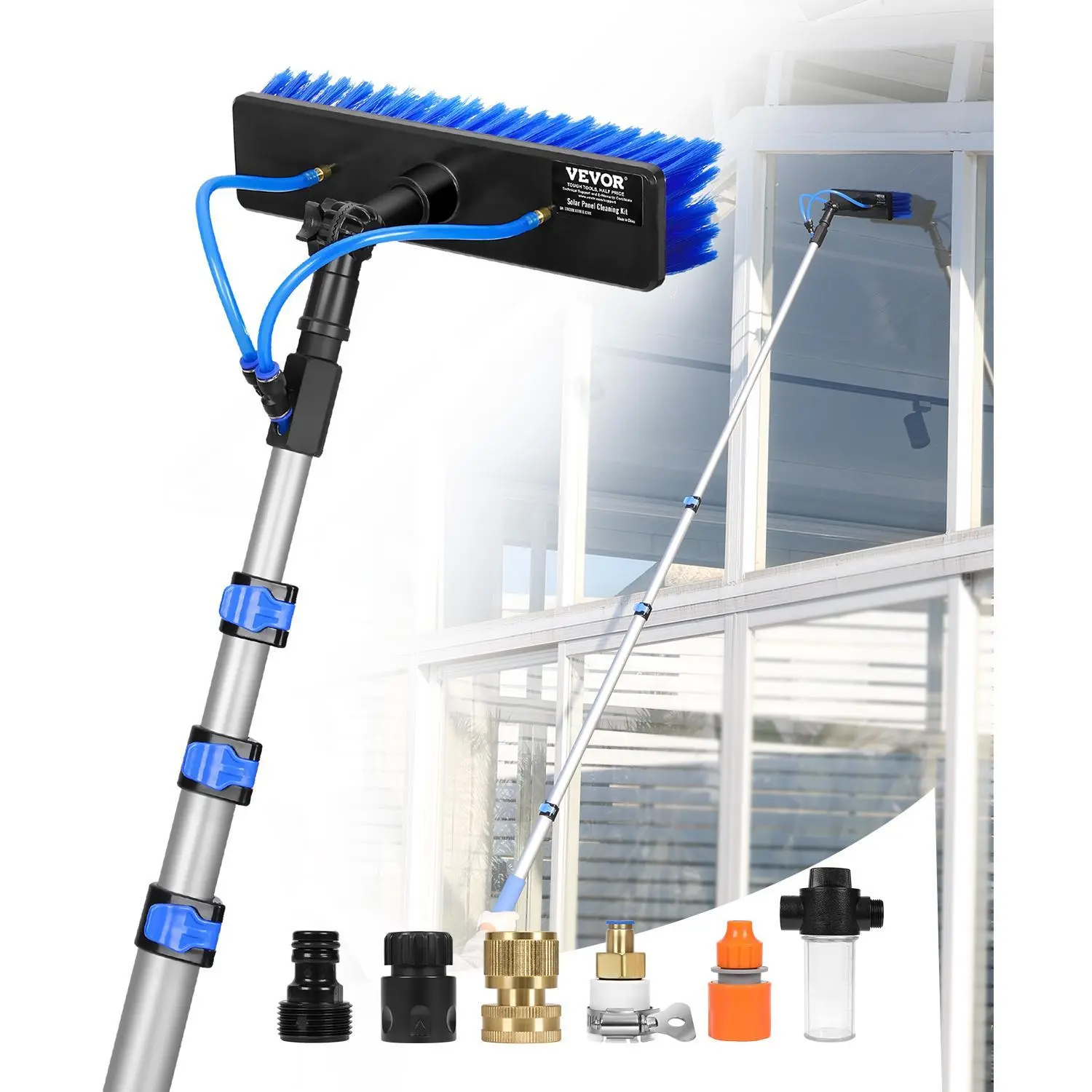 VEVOR Durable Aluminum Water Fed Pole Kit, 12FT Extendable Window Cleaning Tool with 180° Rotatable Brush Head, 65.6FT Hose, Soap Dispenser, Water Jets, 5.5 lbs Complete Accessory Set for DIY Enthusiasts, All-Weather Outdoor & Commercial Use,#BackToSchool