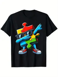 Men's autism awareness T-shirt-color jigsaw design with fashion glasses and sports shoes, 100 cotton breathable summer T-shirt, slightly elastic round neck, machine washable, sizes S to XXXL, comfortable casual fun design shirt slightly elastic, autism...