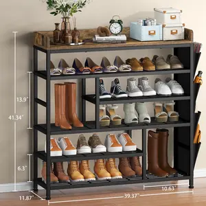 Raybee Furniture Shoe Rack for Entryway Metal Shoe Racks with Boots Storage for 18-22 Pairs Free Standing Entryway Wood Shoes Rack Shoe Shelf Wooden Top & Side Pocket for Entry, Entrance, Hallway, Black