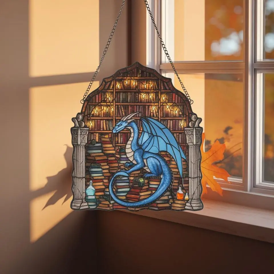 Dragon Book Ornament, Fantasy Reader Window Hanging, Stained Glass Style Suncatcher Decor, Magical Christmas Gift for Book Lovers