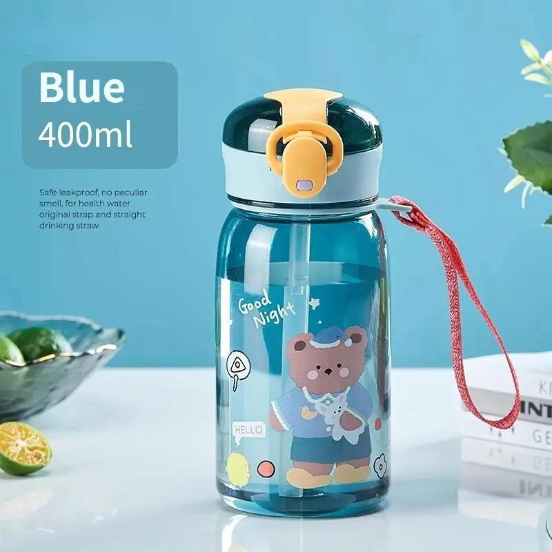 Cartoon Teddy Bear Kids Plastic Cup Bottle Tumbler, Leak Proof Water Bottles, Leakproof Water Bottle, Portable School Outdoor Use, with Strap, One-Click Open Lid, BPA-Free Straws for All Seasons