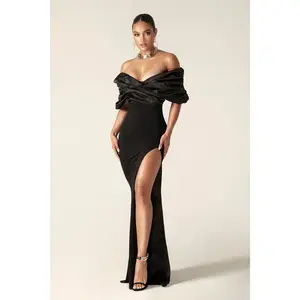 Presley Crepe Ruffle Shoulder Gown Dress (Black)