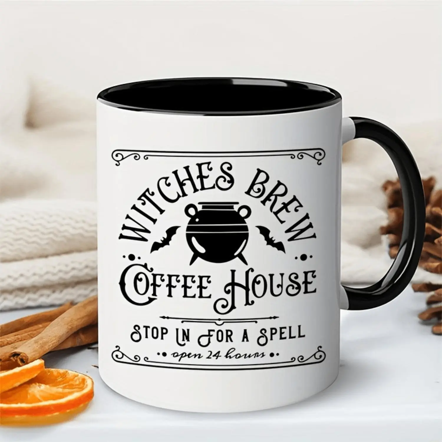1pc Halloween Ceramic Coffee Mug - Witches Brew Coffee House Design with Witch Hat & Broomstick, 24-Hour Spell-Open Novelty Cup, Dishwasher-Safe Ceramic, Funny Gift for Her, No Assembly Required, Halloween Mugs