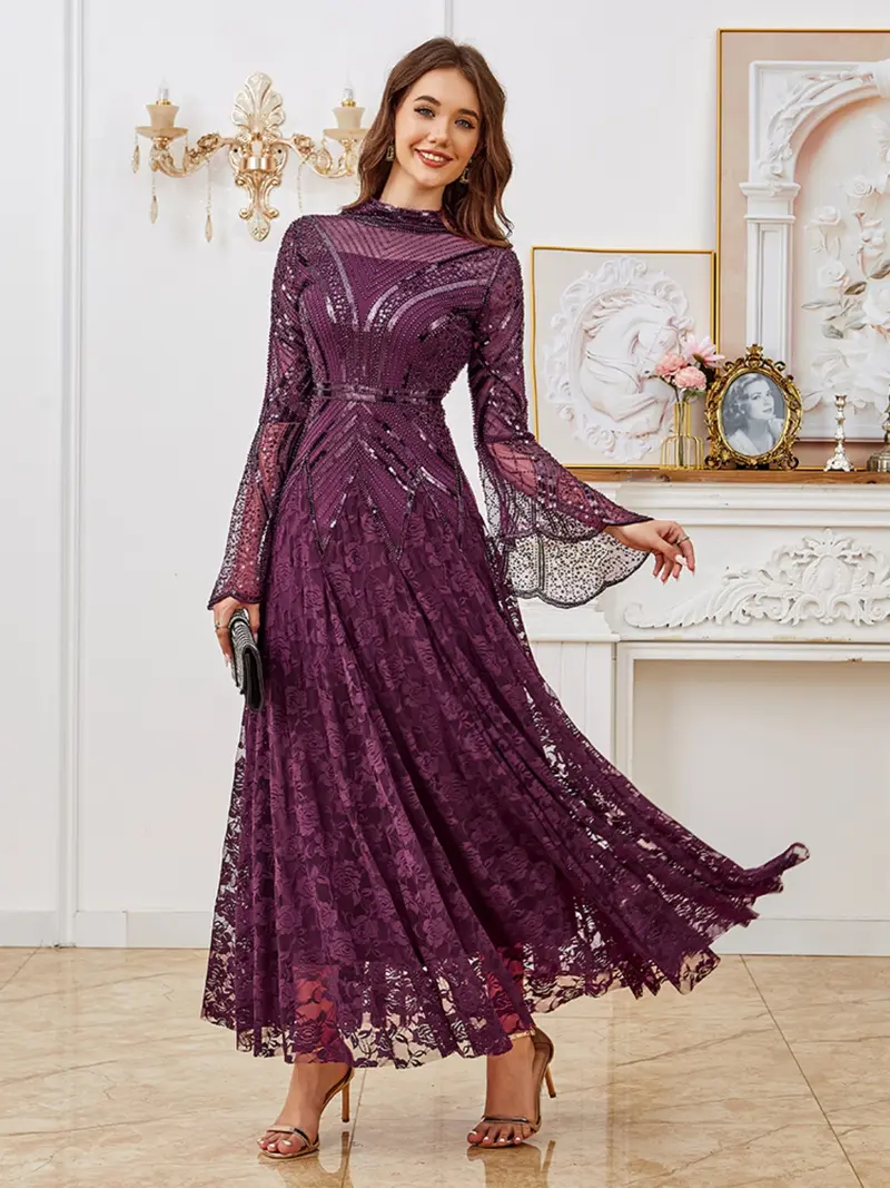 knee length dresses for ladies Ashley Lauren 4512 Size 2 Purple Short Fitted Sequin Long Sleeve Homecoming Dress Cocktail Gown