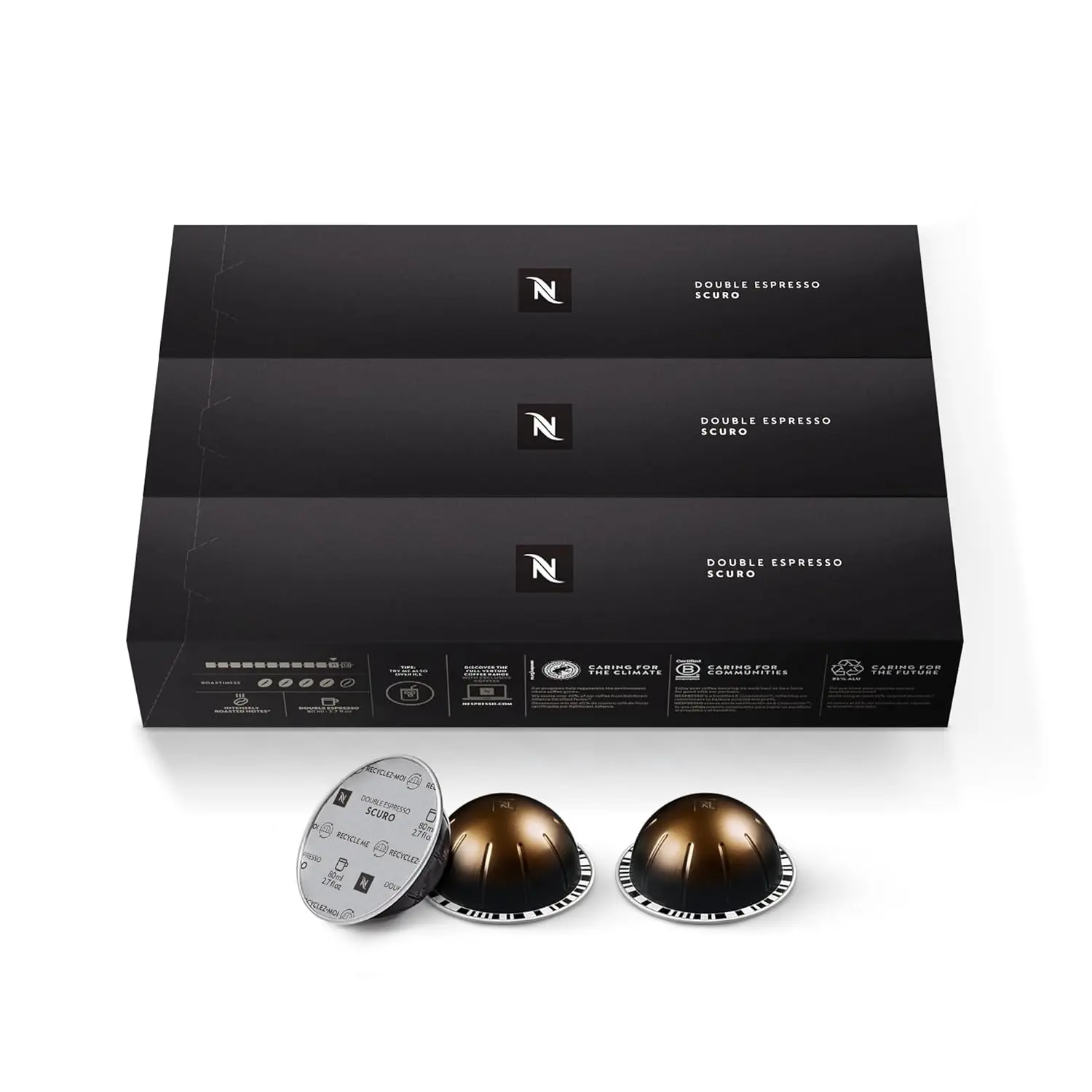 NESPRESSO Vertuo Recyclable Aluminum Coffee Capsules - Double Espresso Scuro Dark Roast, 30-Count Arabica Beans, Intense Cocoa Note, Smoky Character, 2.7oz Brew, Cupboard Storage Friendly, Beverage Bold Coffee Single-Serve Capsules & Pods