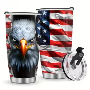 20oz Portable Durable Insulated Patriotic Bald Eagle Tumbler - Stainless Steel American Flag Torn Effect Reusable Coffee Thermal Flask, Kitchenware Drinkware for Dad