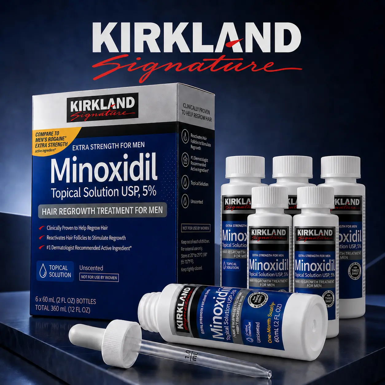 Kirkland Minoxidil 5% Hair Care Serum Daily Scalp Drops Topical Serum Kit for Thicker & Fuller Looking Hair - Premium Men's Grooming & Nourishing Personal Care Routine with Precision Dropper weak