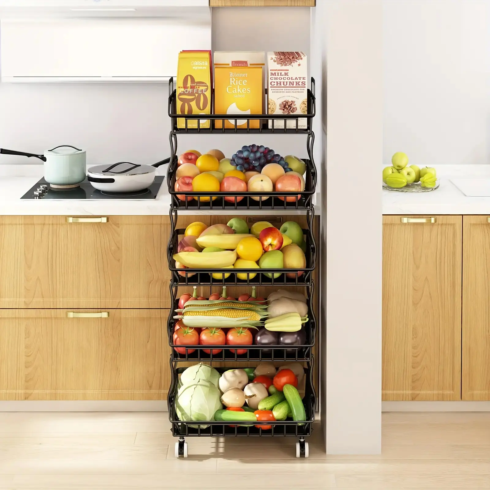 Five-layer loadable fruit and vegetable storage room, movable with wheels, metal grid storage basket, tableware organizer basket, suitable for kitchen, food storage room, dining room, living room Racks