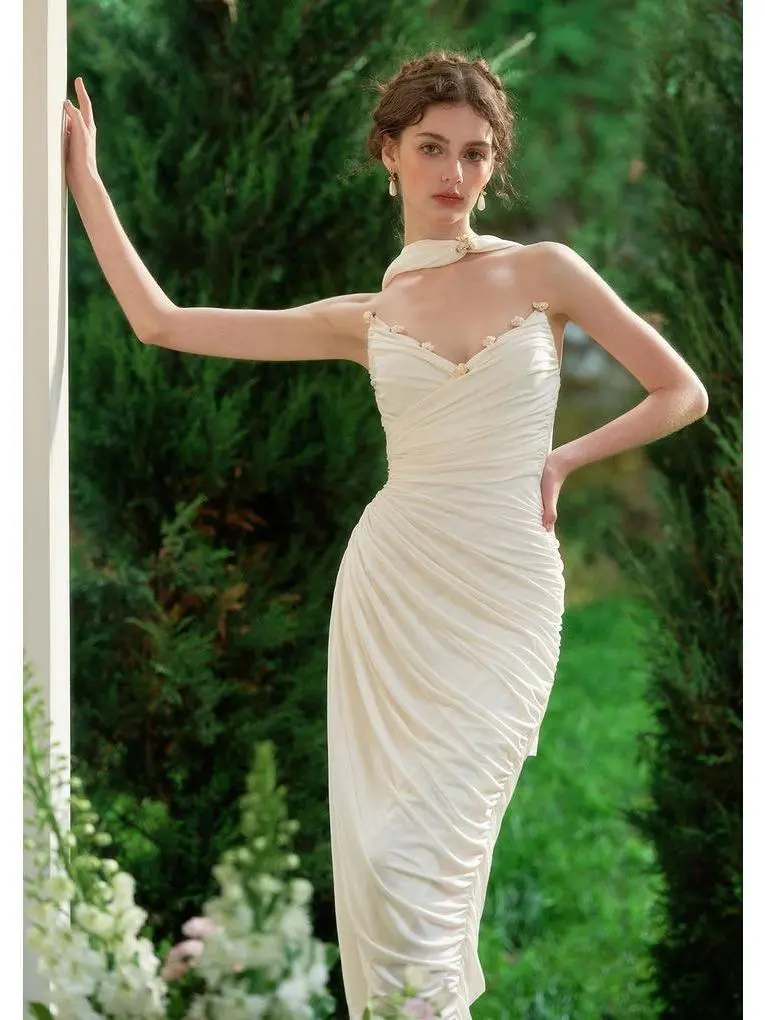 Lover of the Isles Slip Dress - Winged Neckline with Satin Rosette Details & Built-in Metal Boning for Hourglass Silhouette SwimWeek Evening Formal Wear Fancy Dress
