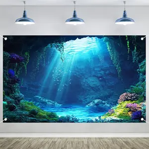 1pc 2D Flat Enchanting Bioluminescent Underwater Cave Tapestry - Vibrant Coral & Fish Design, No Electricity Needed, Polyester Living Room, Bedroom, Office, Decor, Photo