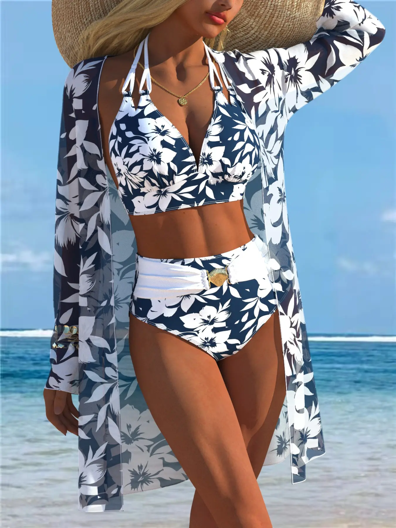 New European and American Women's Sexy Fashion Three-Piece Set, Sun-Protection Long-Sleeve Mesh-Print Cover-Up with Classic Split Triangle Bikini, Printed Beach and Poolwear Set