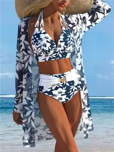 New European and American Women's Sexy Fashion Three-Piece Set, Sun-Protection Long-Sleeve Mesh-Print Cover-Up with Classic Split Triangle Bikini, Printed Beach and Poolwear Set