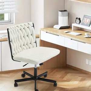Criss Cross Desk Chair with Wheels, Extra Wide Armless Chair with Flannel Cushion, Adjustable Height & 135° Recline, Cross-Legged Office Chair for Home, Vanity, Study Room, Beige