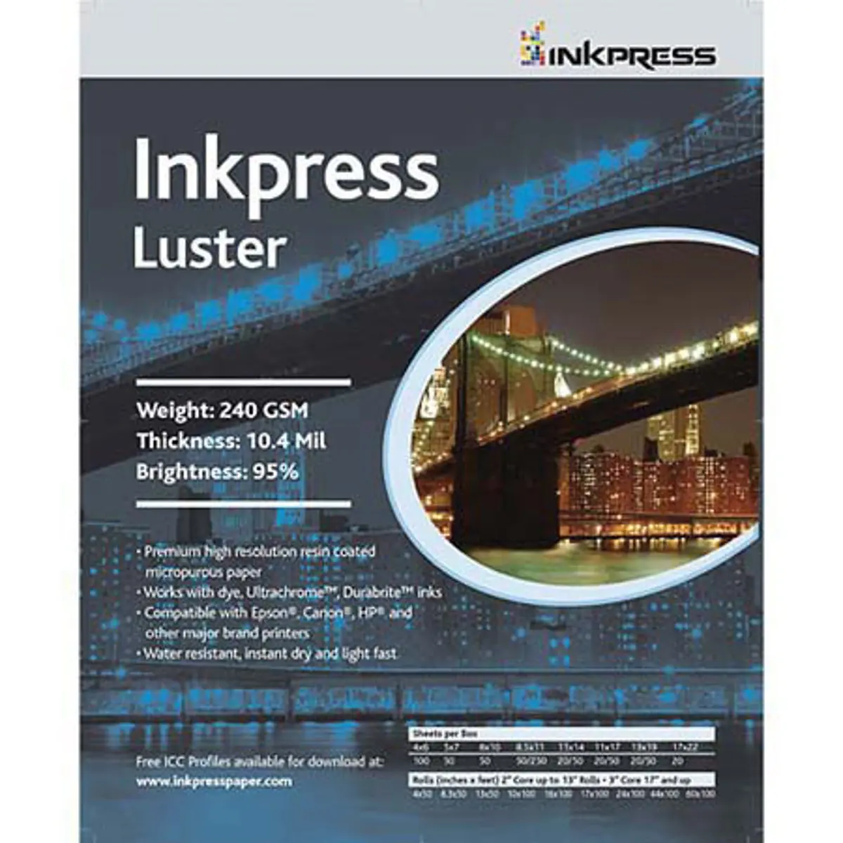 Inkpress Luster Premium Single Sided Bright Resin Coated Photograde Inkjet Paper, 10.4mil., 240gsm., 11x14", 250 Sheets