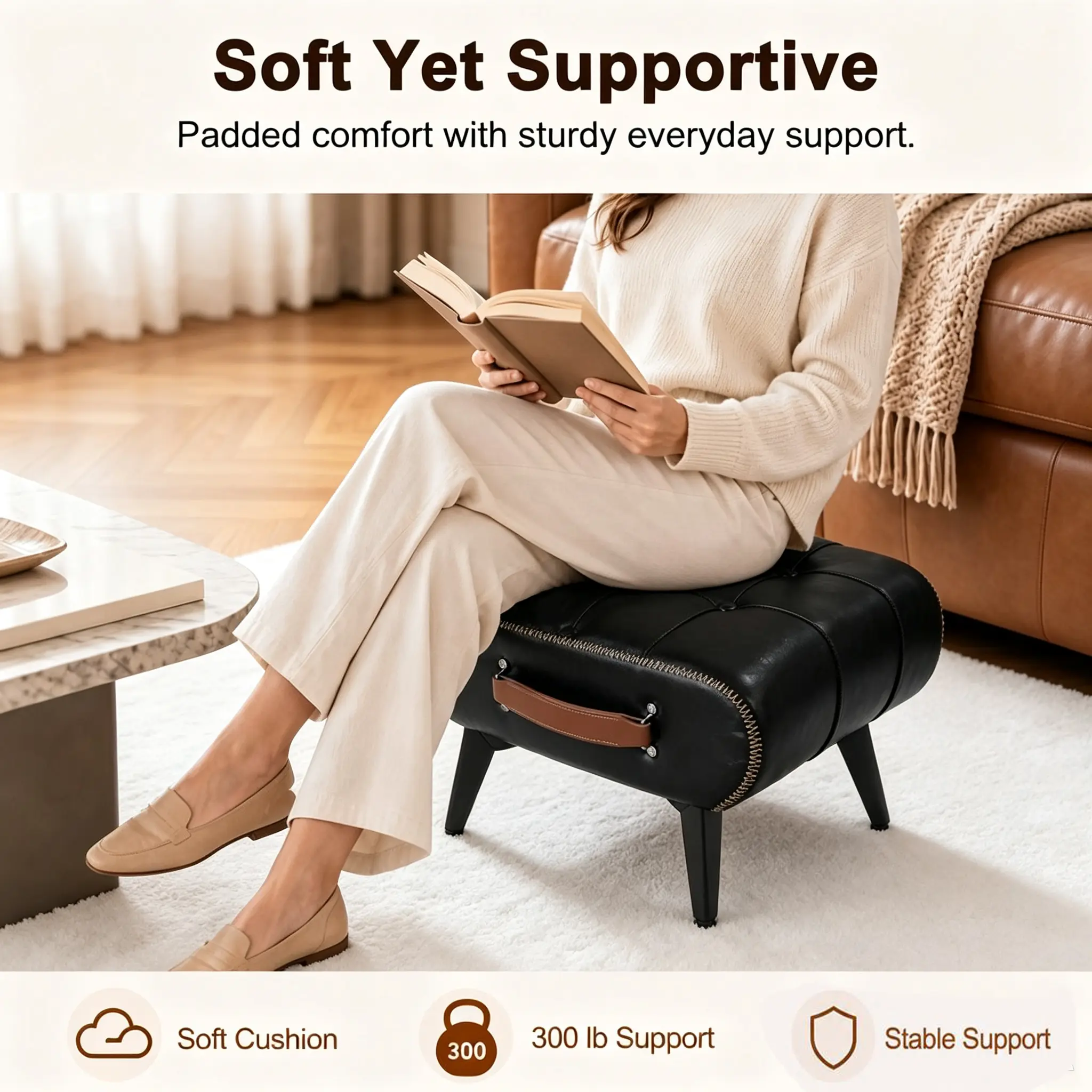 Armless High-Quality Leather Square Stool - Indoor Furniture with Portable Handles, Metal Legs, Hidden Storage Organization, Modern Minimalist Footrest, Multiple Color Options for Living Room