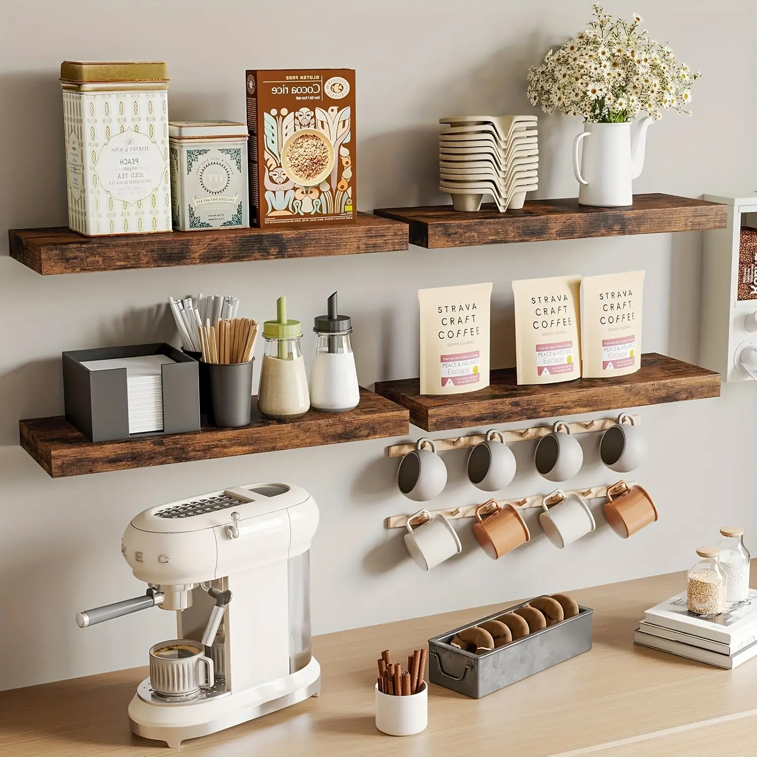 [Floating Shelves for Wall] 4pcs 15.8in Floating Shelves for Wall | Brown Wall Mounted Shelf with Invisible Shelf Bracket - Bathroom, Living Room, Bedroom, Kitchen, Office Decor