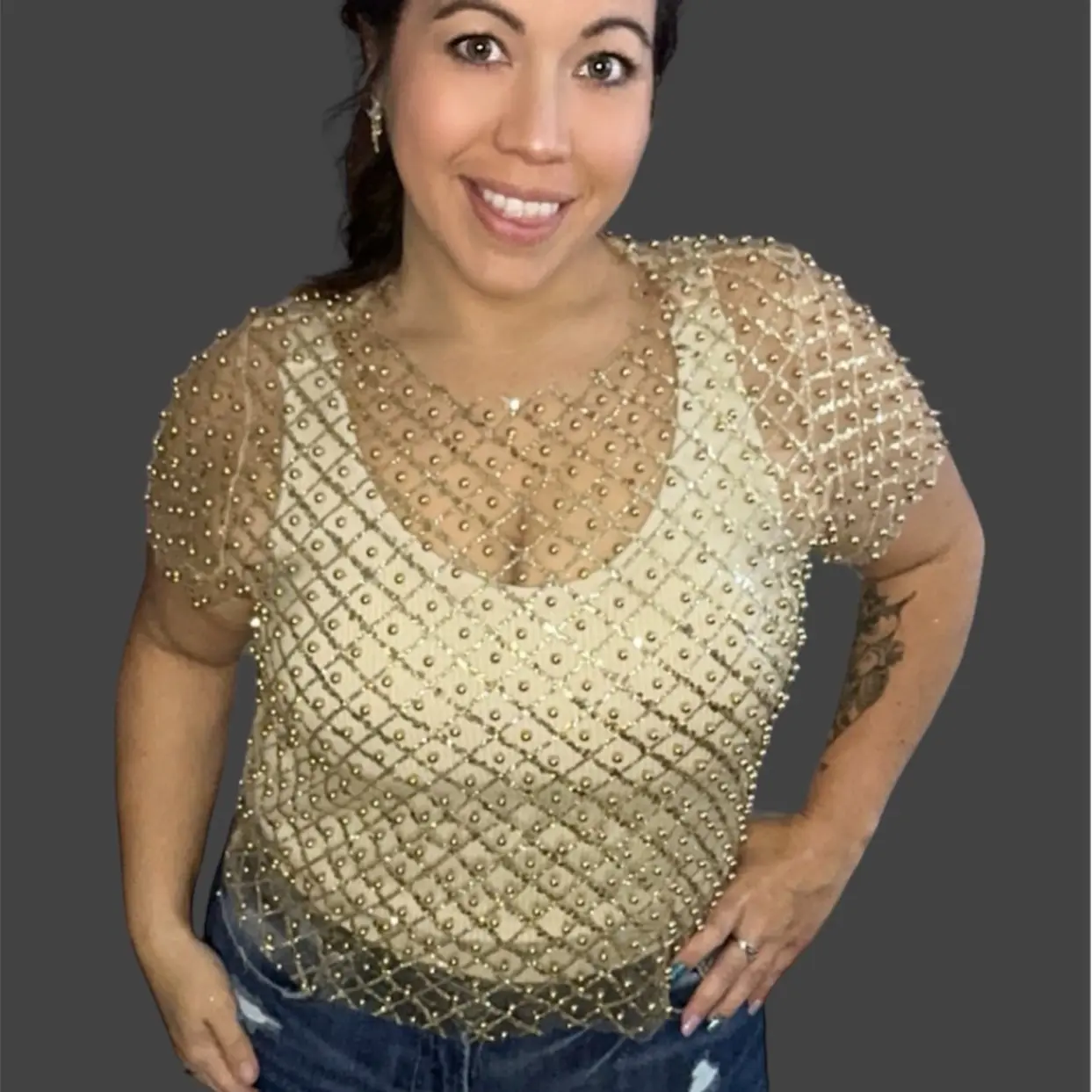 Roxanne Mesh See Through Pearl Beaded Sequin Top