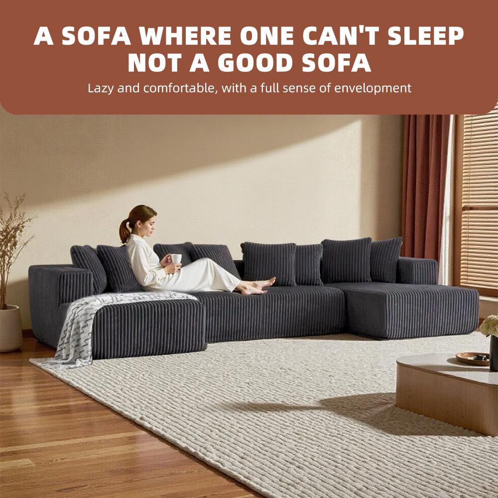 【3 Packages shipping】132" Oversized U-Shaped Cloud Sectional Sofa, Includes Chaise Lounge + Recliner + 6 Pillows, Plush Corduroy Fabric, Boneless Comfort Style, Stylish Furniture for Living Room/Bedroom Modular