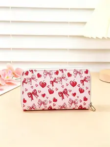 Women's Cute Bow & Heart Print Long Wallet, PU Leather Zipper Pouch Wallet Clutch Purse, Multi-Card Slots, Large Capacity, Coquette Style, Gift for Girls & Teens