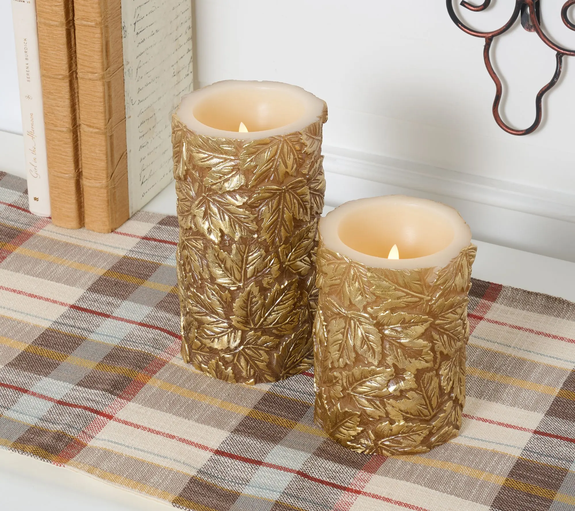 Home Reflections S/2 Flameless Metallic Leaf Pillar Candles Home Reflections S/2 Flameless Metallic Leaf Pillar Candles