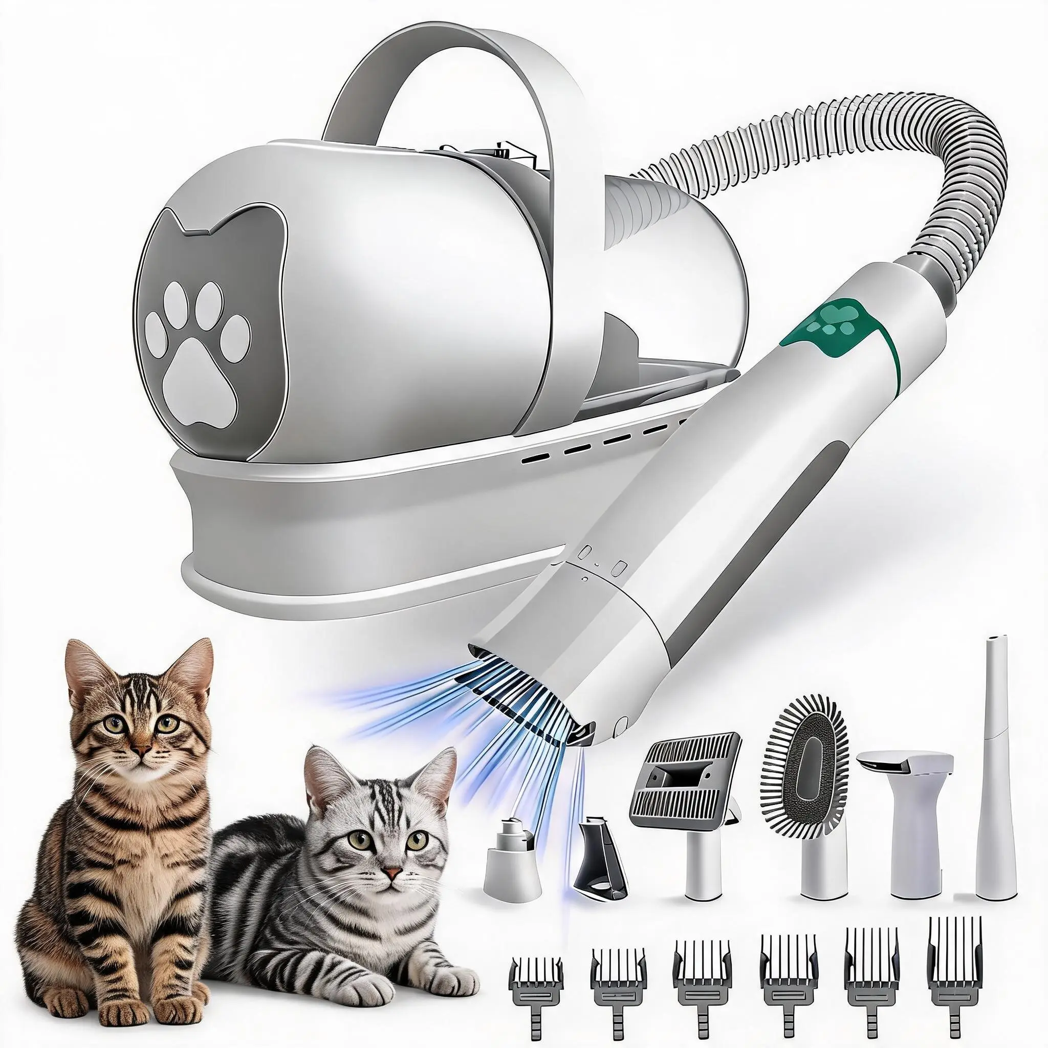 Dog & Cat Vacuum Groomer for Shedding & Grooming, 7-in-1 Pet Hair Vacuum Cleaner with Brush, Precise 6 Guide Combs Clipper, Paw Trimmer Mitts & Rollers Set