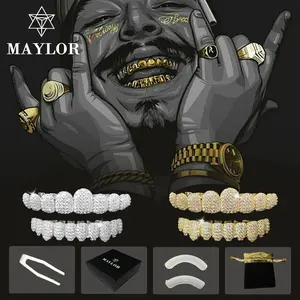 MAYLOR Hip Hop Cubic Zirconia Diamond Grillz for Men & Women, Iced Out Full Coverage Teeth Grillz, Non-Custom Fit Dental Jewelry, Rapper Costume Accessories for Party Nightclub Cosplay
