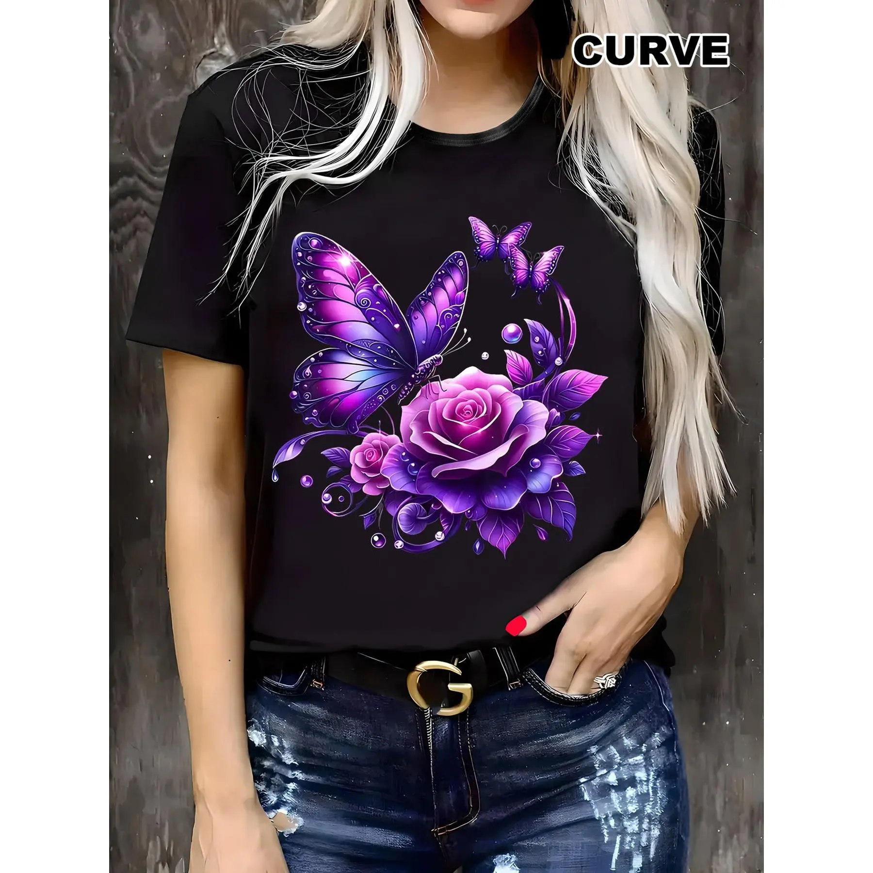 Plus Size Women's T-shirt with Butterfly Print, Casual Short Sleeve Loose-Fit Top, Soft 100% Cotton Crew Neck, Butterflies