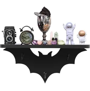 Bat Shelf Floating Shelves for Wall Decor,Black Shelves for Bedroom-Halloween Goth Room-Black Hanging Shelves with 3 Key Hooks