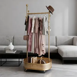 Modern Freestanding Garment Rack with 6 Hooks and Storage Basket – Ideal for Clothes, Hats, and Bags