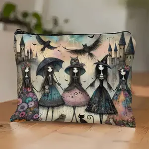 Dark Fairy Tale Witch Theme Canvas Zipper Makeup Bag, Cosmetic Pouch, Makeup Organizer Pouch, Durable Fade-Resistant, Unique and Eye-Catching, Perfect Gift for Sisters