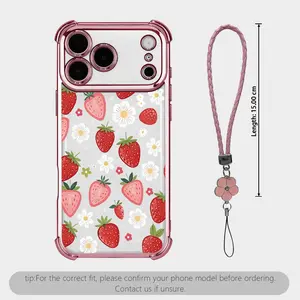 Rural style pink strawberry lanyard phone case, four corner airbag anti drop protection, anti yellowing electroplating ultra-thin TPU material, suitable for iPhone 17Pro Max Air 16 15 Plus 14 13 12 11 and Samsung Galaxy S26 S25 S24 S22 phone cases. A172