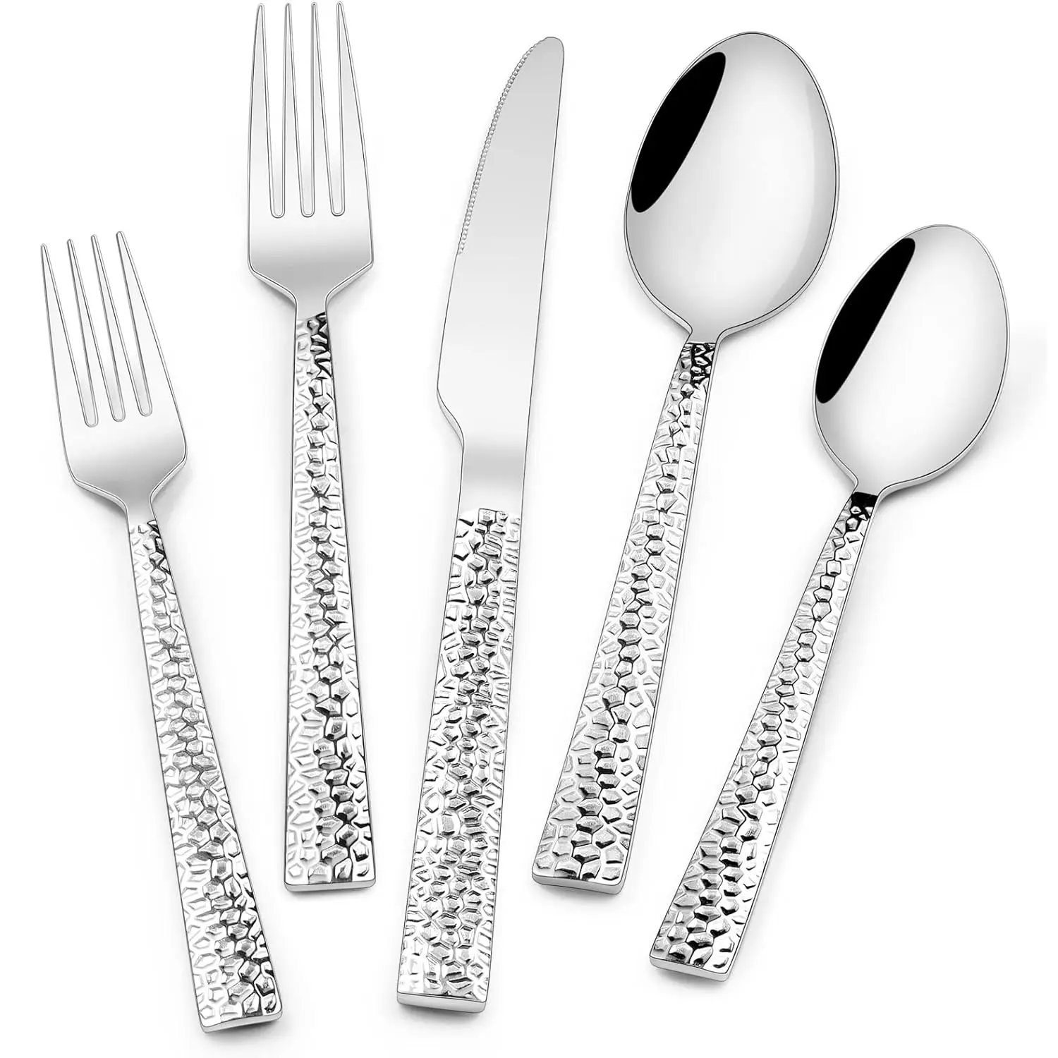 Hammered Silverware Set, Stainless Steel Square Flatware Set , Food-Grade Tableware Cutlery Set, Utensil Sets for Home Restaurant, Mirror Finish, Dishwasher Safe